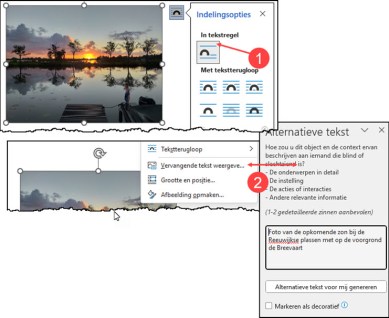 Knop naaast afbeelding om "In tekstregel' te controleren en in te stellen (1) en menu van rechtermuisknop bij afbeelding om vervangende tekst te typen (met deelvenster erbij)