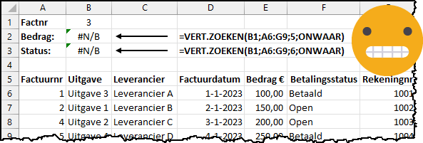 Schermafbeedling Excel met #NB-foutmelding voor vert.zoeken omdat een waarde niet voorkomt. Met boze "smiley'.