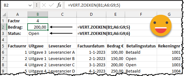 Schermafbeelding in Excel: succesvol toegepaste vert.zoeken-berekeningen met smiley