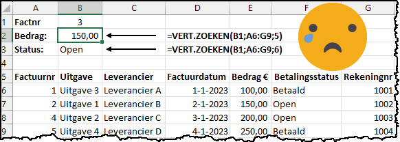 Schermafbeelding in Excel: verkeerd resultaat met vert.zoeken. Met teleurgestelde 'smiley'