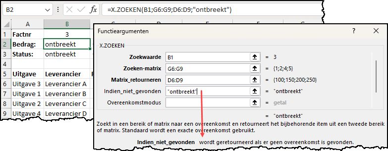 Schermafbeelding met het dialoogvenster Functieargumenten van X.ZOEKEN