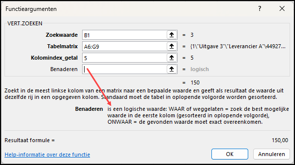 Schermafbeelding van dialoogvenster waarin aangegeven waarom het fout gaat met vert.zoeken: 4e argument!