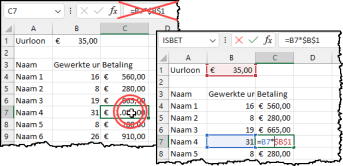 Schermafbeelding waarin je met kleuren ziet van de cellen waarmee gerekend worden