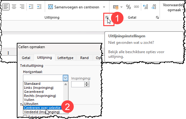 De knop om de uitlijning te kunnen kiezen en een deel van het dialoogvenster waarin je Centreren over selectie instelt.