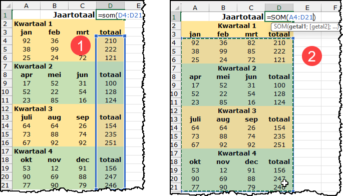 Schermafbeelding waarbij je ziet dat het optellen van een gebied waarin samengevoegde cellen staan problemen oplevert.