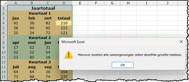 Schermafbeelding waarin je een melding krijgt dat sorteren niet lukt vanwege samengevoegde cellen