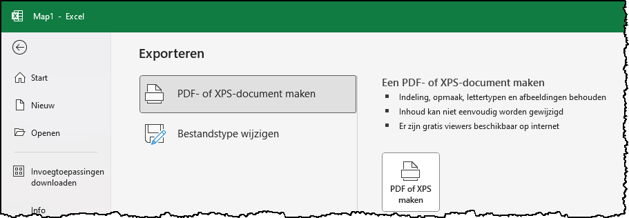 Schermafbeelding Bestand Exporteren, een beschrijving wat deze optie doet en de knop PDF of XPS maken.