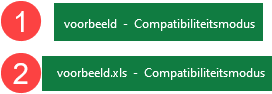 Schermafbeelding met 2 voorbeelden van bestandsnaam in de titelbalk (met en zonder extensie) en de tekst Compatibiliteitsmodus.