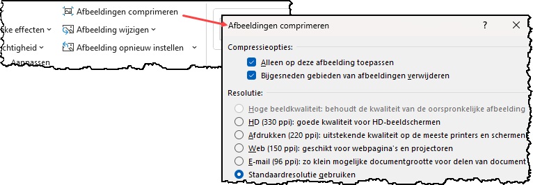 Schermafbeelding met de knop Afbeelding comprimeren en het dialoogvenster dat dan verschijnt.