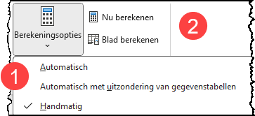 Schermafbeelding met de knoppen Berekeningsopties (het menu van deze knop) en de knoppen Nu berekenen en Blad berekenen.