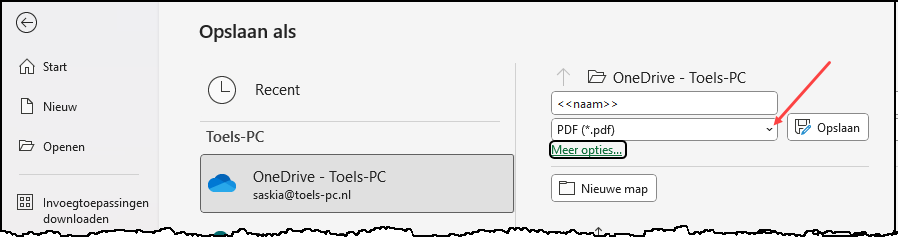 Schermafbeelding van Bestand Opslaan als waarbij als bestandstype is gekozen voor PDF.