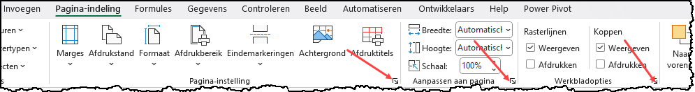 Schermafbeelding van de tab Pagina-indeling met pijlen bij de knopjes rechtsonder in de groepen Pagina-instellingen, Aanpassen aan pagina en Werkbladopties.