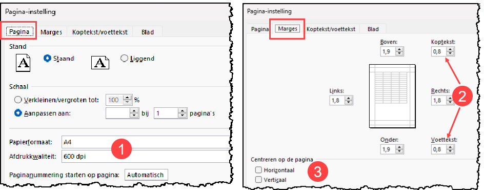 Schermafbeelding van het venster Pagina-indeling met de tabs Pagina en Marges. 