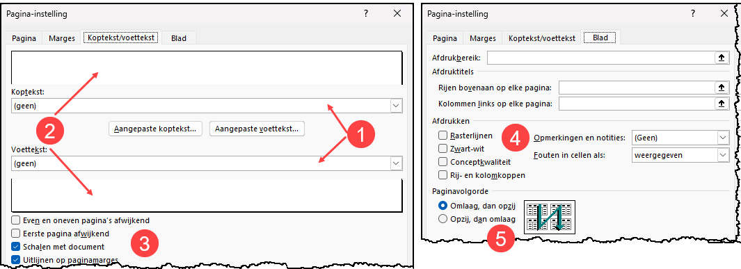 Schermafbeelding van het venster Pagina-indeling met de tabs Koptekst/voettekst en Blad. 