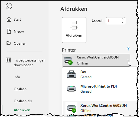 Schermafdruk van Bestand Afdrukken waarbij het menu van de gekozen printer is geopend. Daar zie je Microsoft Print to PDF.