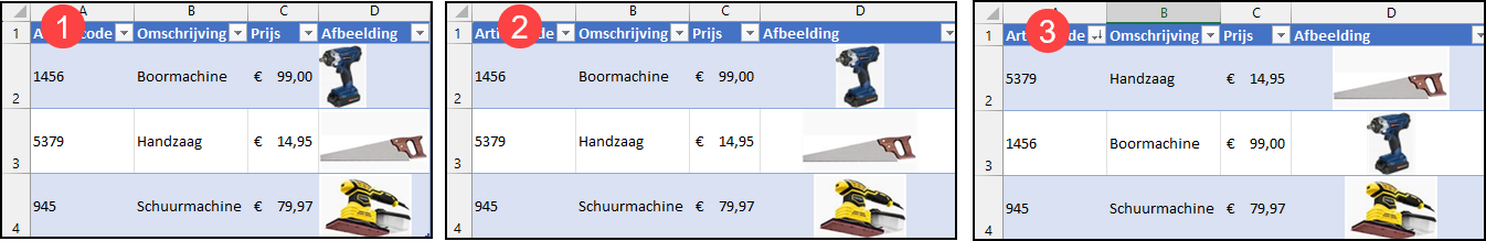 Drie genummerde schermafbeeldingen waarbij je ziet wat er gebeurt met afbeeldingen in een cel geplaatst bij wijzigen rijhoogte (1), bij centreren (2) en bij sorteren (3)