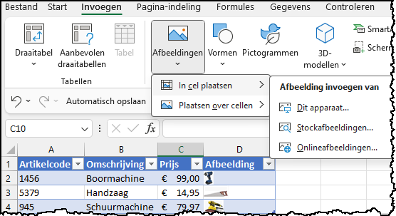 Schermafbeelding met de menu-optie voor het invoegen van afbeeldingen en de cel en hoe dat eruitziet in een tabel