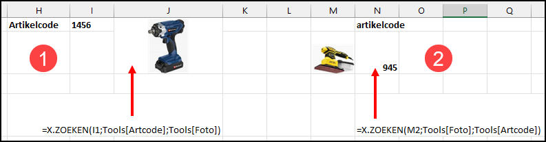 Schermafbeelding van 2 voorbeelden waarbij de zoeken-functie een afbeelding kan retourneren of op een afbeelding een artikelcode kan zoeken