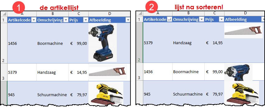 Schermafbeelding van artikellijst met foto erbij in een Exceltabel en een tweede schermafbeelding nadat de lijst is gesorteerd.