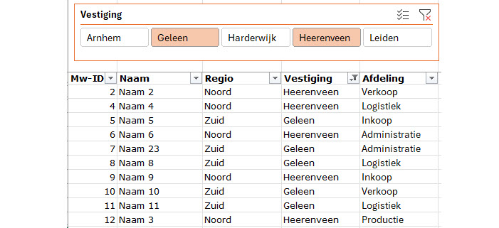 Schermafdruk van een voorbeeld van een,lijst met een slicer.