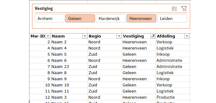 Schermafdruk van een voorbeeld van een,lijst met een slicer.