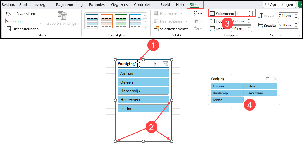 Schermafbeelding met een geselecteerde slicer en het speciale tabblad Slicer. Met cijfers is aangegeven hoe je de slicer kunt verplaatsen (=via titelbalk), afmetingen kunt wijzigen ((=via bolletjes), aantal knoppen op een rij kunt wijzigen (=Kolommen) en hoe de slicer eruitziet met 2 kolommen.