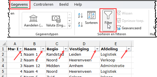 Schermafbeelding van de filterknop in het lint en de filterknoppen bij de kolomomschrijvingen in de lisjt.