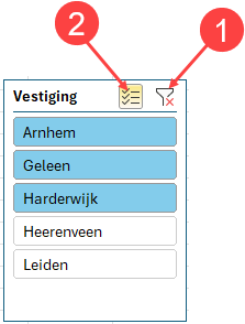 Schermafbeelding van een slicer met een pijl naar de knop rechtsboven (filter wissen) en de knop links ervan (meervoudige selectie).