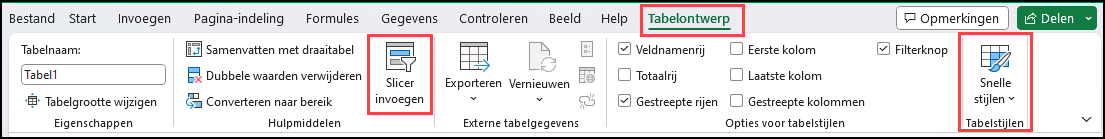 Schermafdruk van de tab Tabelontwerp. Hierop zijn de knoppen Tabelstijlen en Slicer invoegen omkaderd.
