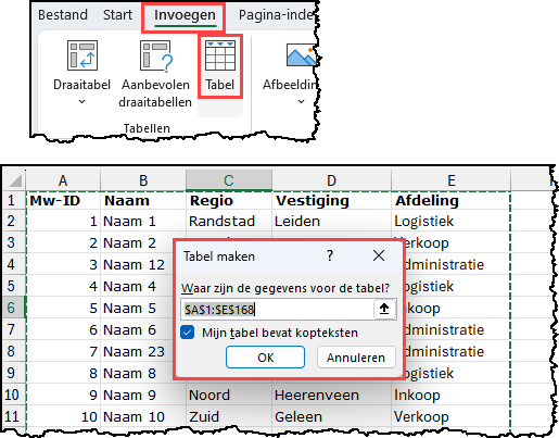 Schermafdruk van het maken van een tabel van de lijst.