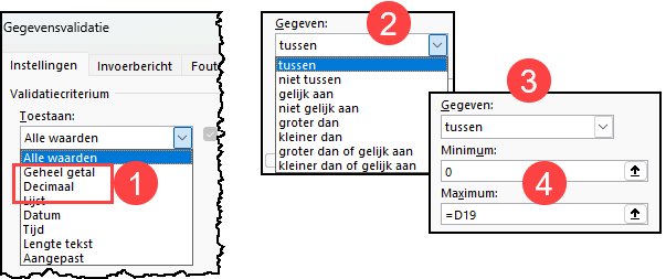 Afbeelding hoe je het scherm gegevensvalidatie moet invullen voor gehele of decimale getallen