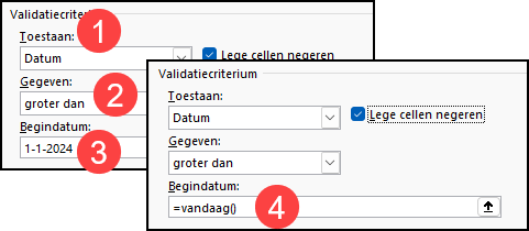 Afbeelding hoe je het scherm gegevensvalidatie moet maken voor datums