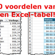 Afbeelding met een cellenbereik en een tabel en de tekst 20 voordelen van een Excel-tabel