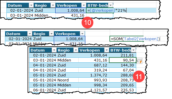 Schermafbeelding met tabelformules en dat een formule in een kolom automatisch doorgevoerd wordt naar de andere cellen in de kolom. 