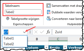 Schermafbeelding van de tabelnaam en het naamvak