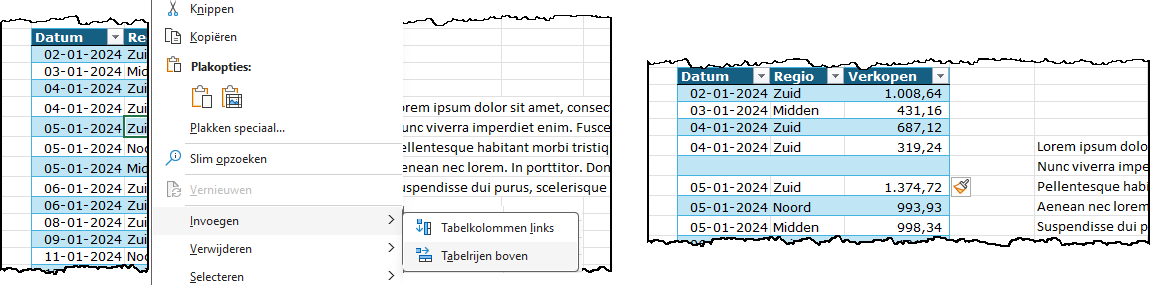 Schermafbeelding waarin je ziet hoe je alleen in de tabel een rij kunt invoegen