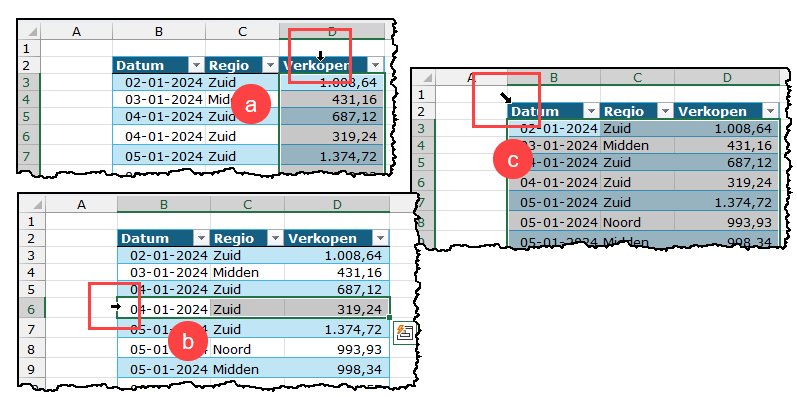 Schermafbeeldingen met muisaanwijzers op de plaats waar je een hele tabelkolom, tabelrij en de hele tabel kunt selecteren