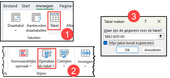Schermafbeeldingen van de knop Invoegen > Tabel (1), Start > Opmaken als tabel (2) en het dialoogvenster dat in beide situaties volgt (3).