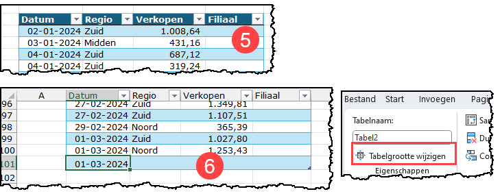 Schermafbeeldingen waarbij je ziet dat er een extra kolom bij komt en een extra rij. Zie je de knop in het lint om de tabelgrootte handmatig te wijzigen.