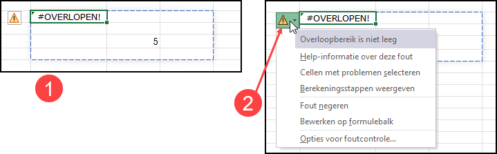 Schermafbeelding met een overloopgebied waarin een cel niet leeg is: je ziet de foutmelding #OVERLOOP! Via het pictogram dat erbij staat kun je de probleemcel opzoeken.
