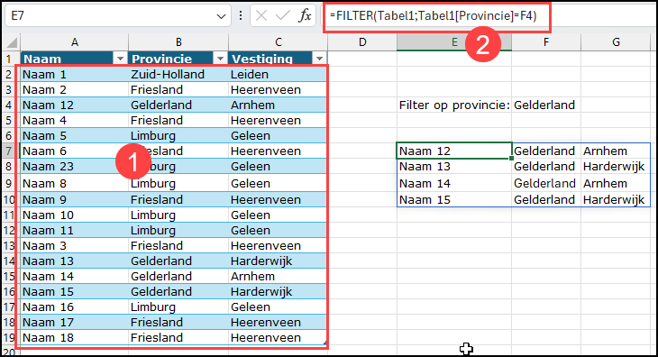 Schermafbeelding van dezelfde lijst maar dan is er eerst een tabel van gemaakt. In de filterfunctie zijn dan de celverwijzingen vervangen door tabelverwijzingen.