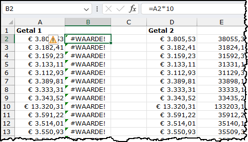 Schermafbeelding hier zie je met een berekening naast beide kolommen dat de ene kolom een foutmelding geeft (WAARDE) en de ander de juiste uitkomt.