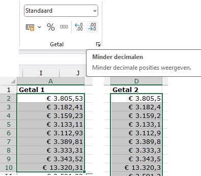 Schermafbeelding hoe je door het aantal decimalen te wijzigen (knop in het lint) kunt zien of iets een getal is of niet