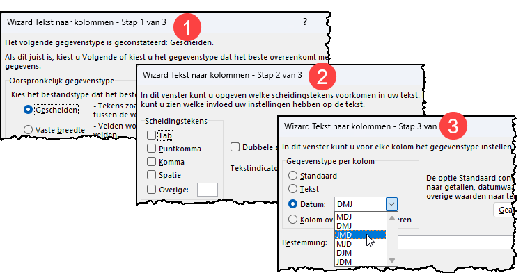 Schermafbeelding met de 3 stappen van de wizard Tekst naar kolommen