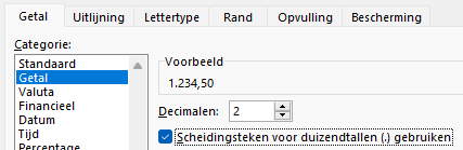 Schermafbeelding over het instellen van een getalopmaak via het dialoogvenster Celeigenschappen