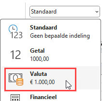 Schermafbeelding over het kiezen Valuta-notatie