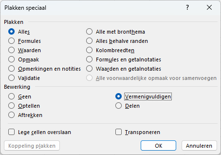 Schermafbeelding van het dialoogvenster Plakken speciaal waar als bewerking Vermenigvuldigen is gekozen