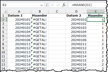 Schermafbeelding Vergelijkbare afbeelding, maar nu met datums die hetzelfde lijken. Ook hier weer een kolom met een foutmelding bij een berekening en de echte uitkomst