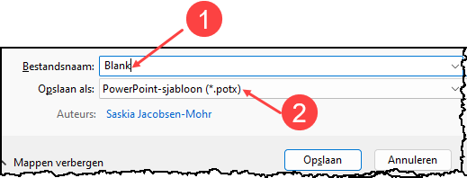 Schermafbeelding hoe je het bestand voor de nieuwe lege presentatie moet opslaan in PowerPoint.
