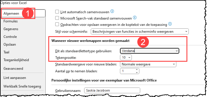 Schermafbeelding met de verschillende stappen voor het instellen van een nieuw lettertype in Excel.